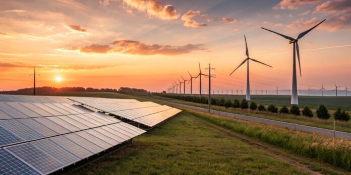 Expansive,Solar,Panel,Farm,And,Wind,Turbines,Generate,Clean,Energy Fontes renováveis ultrapassam o carvão e lideram produção global de eletricidade
